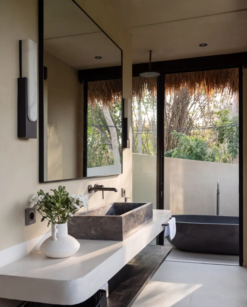 Bathroom with a stone basin, mirror and garden view