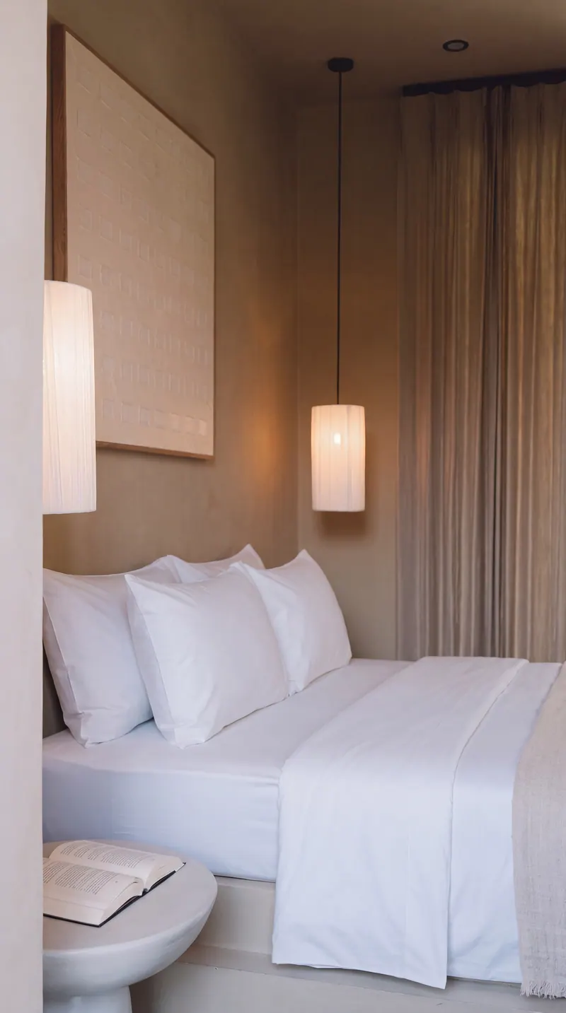 Double bed with linen pillows and a warm pendant light